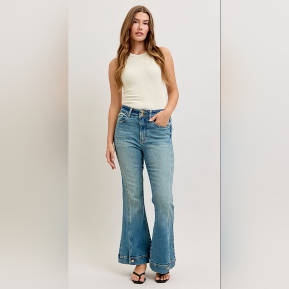 Judy Blue Denim - Judy Blue HR Vintage Wash Flare Jeans Seam Hem Detail Double Button Various NEW